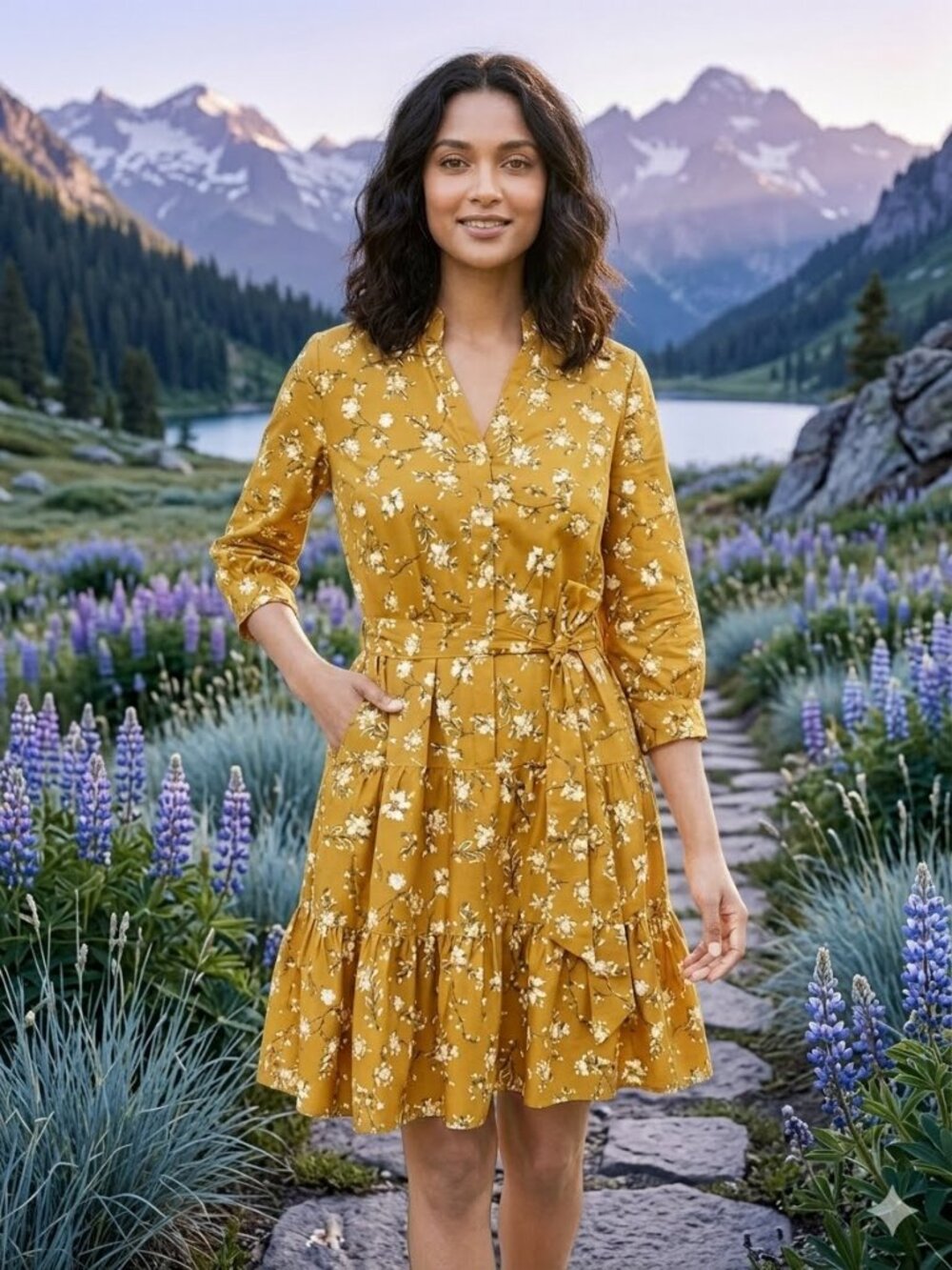 UNTUCKit Jane Floral Tiered Shirt Dress Marigold Yellow Size 10